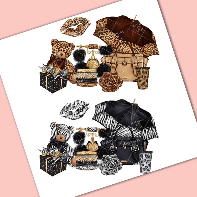 May include: Two sets of illustrations featuring a teddy bear, a vintage phone, a handbag, a gift box, a rose, a perfume bottle, a cup, and an umbrella. The top set features a leopard print design and the bottom set features a zebra print design. The text "Feathers of Style" appears on both umbrellas.
