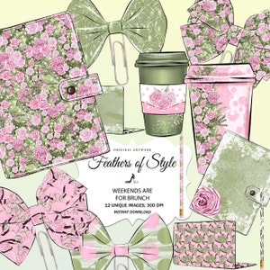 May include: A digital clipart set featuring 12 unique images of various office supplies with a floral design. The images include a planner, a coffee cup, a pencil, and a bow. The text "Feathers of Style" and "Weekends are for Brunch" is included in the image.