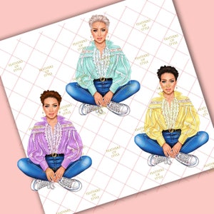 May include: Three illustrations of women wearing different colored blouses with lace detailing, blue jeans, and white sneakers. Each woman is sitting with her legs crossed and her hands in her lap. The background is a white and pink checkered pattern.