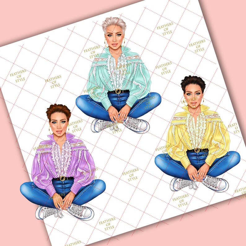 May include: Three illustrations of women wearing different colored blouses with lace detailing, blue jeans, and white sneakers. Each woman is sitting with her legs crossed and her hands in her lap. The background is a white and pink checkered pattern.