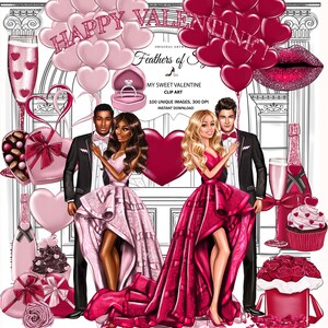 Valentines Day Clipart Pink Valentine's Day Engagement Clipart, Fashion Illustration, Love Couple Clip Art Valentines Day Stickers Love