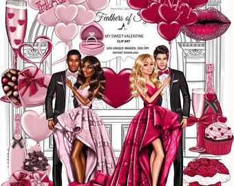 Valentines Day Clipart Pink Valentine's Day Engagement Clipart, Fashion Illustration, Love Couple Clip Art Valentines Day Stickers Love