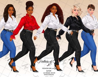 Lady boss clipart, Boss Babe clipart, Curvy girl clipart, Denim girl clipart, African American clipart, Afro girls clipart