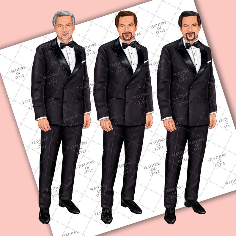 May include: Three men in black tuxedo suits with white shirts and black bow ties. The men are standing in a row with their arms at their sides. The background is a light pink color.