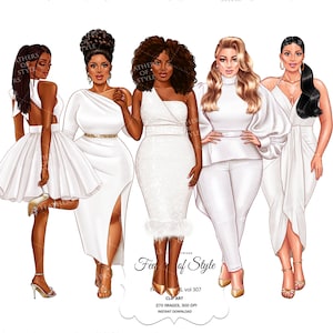 May include: Illustration of five women in white dresses and outfits. The women have different skin tones and hairstyles. The image includes the text "Feathers of Style" and "CLIP ART, VOL 307, 270 IMAGES, 300 DPI, INSTANT DOWNLOAD."