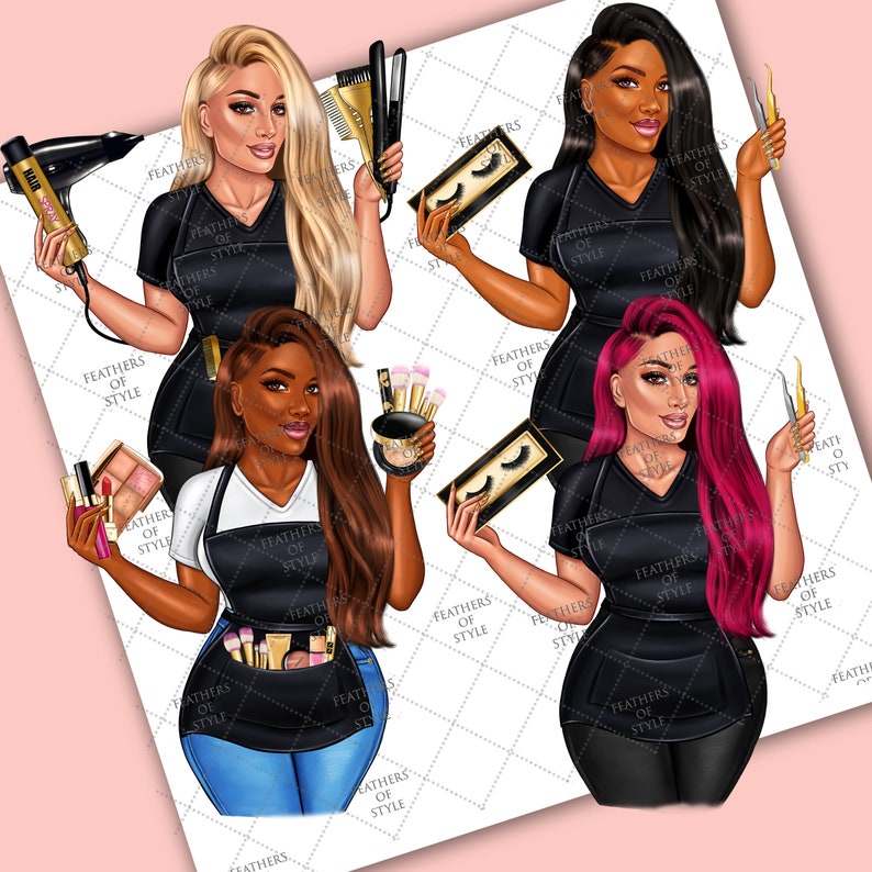 May include: Four illustrations of women with different hairstyles and skin tones, each holding beauty tools and products. The women are wearing black tops with the text "Feathers of Style" on them. The illustrations are set against a white background with a subtle pattern.
