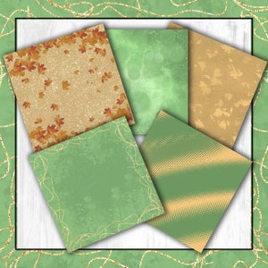 May include: Set of five digital paper backgrounds featuring fall colors and textures. The papers include a green background with gold swirls, a green background with gold polka dots, a tan background with orange leaves, a green background with white dots, and a tan background with orange leaves.