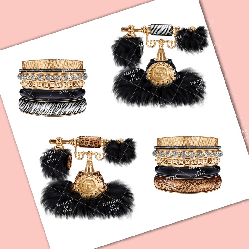 May include: Four different vintage-style rotary phones with black fur accents. Each phone has a gold base and a different animal print design on the receiver. The phones are surrounded by gold and black bracelets with rhinestones.