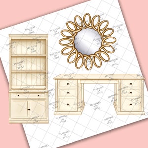 May include: A white wooden desk with six drawers and a matching white wooden bookcase with three shelves. A gold round mirror with a decorative design is above the desk.
