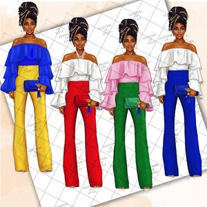 May include: Four illustrations of women wearing different outfits. Each woman has dark skin, black hair, and is wearing a white off-the-shoulder top with a ruffled neckline. The women are wearing pants in different colors: yellow, red, green, and blue.