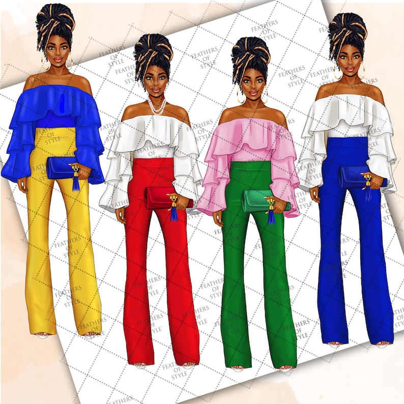May include: Four illustrations of women wearing different outfits. Each woman has dark skin, black hair, and is wearing a white off-the-shoulder top with a ruffled neckline. The women are wearing pants in different colors: yellow, red, green, and blue.