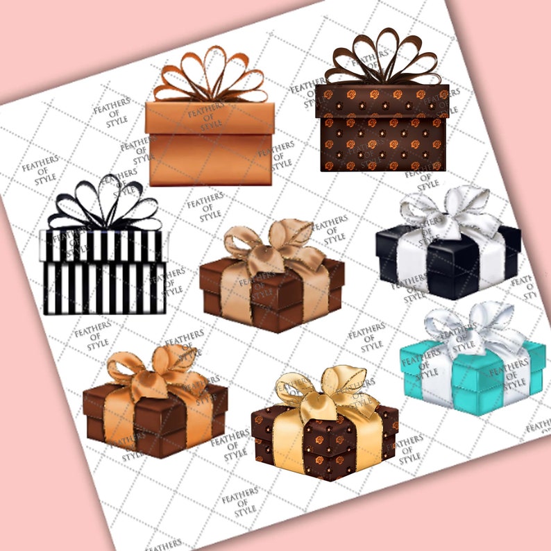May include: Set of nine digital clipart images of gift boxes with various patterns and colors. The gift boxes are decorated with bows and ribbons. The gift boxes are perfect for adding a festive touch to your digital projects.