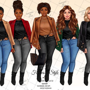Denim girl clipart, Fashion clipart, Fashion girl clipart, Winter girl clipart,  Autumn clipart, African American clipart Afro girls clipart
