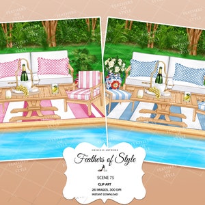 May include: Two outdoor patio scenes with a white couch, two chairs, a coffee table, and a vase of flowers. The scene on the left has pink and white striped cushions and a pink and white patterned rug. The scene on the right has blue and white striped cushions and a blue and white patterned rug. The text "Feathers of Style" is at the bottom of the image.