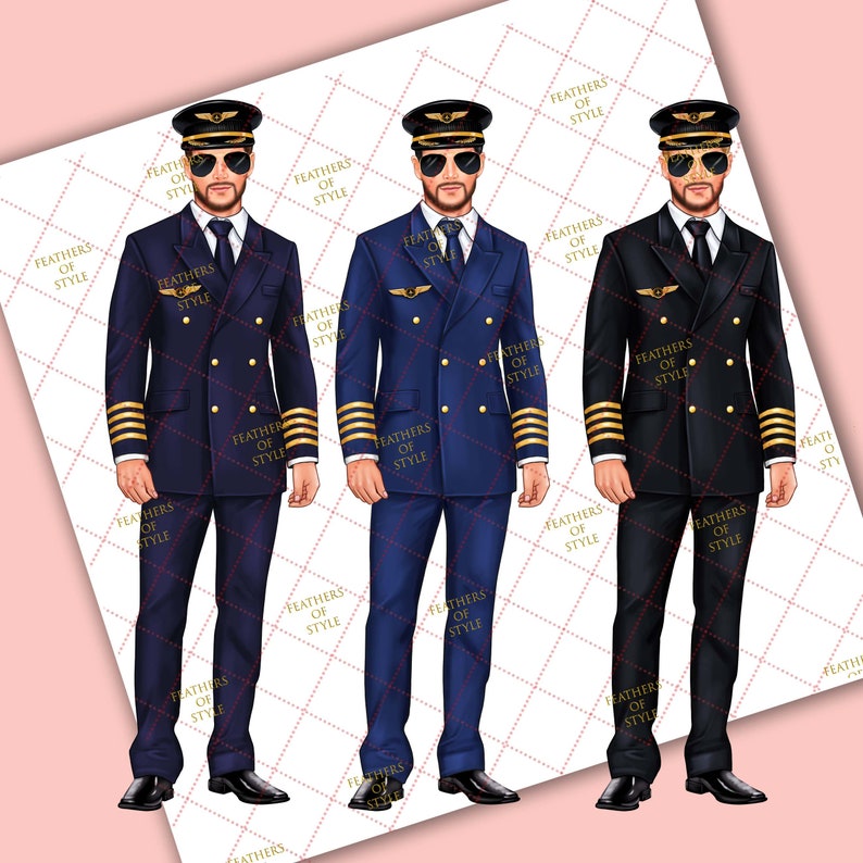 May include: Three illustrations of pilots wearing different coloured uniforms. The pilot on the left is wearing a navy blue uniform, the pilot in the middle is wearing a blue uniform, and the pilot on the right is wearing a black uniform. All three pilots are wearing a gold pilot's hat with a gold badge on the front.