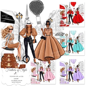 May include: Digital clip art featuring fashion illustrations of women in stylish outfits, set against a Parisian backdrop. The artwork includes various color palettes and designs, with the text "Feathers of Style" and "Fashion Girl vol 306".