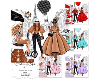 Clipart Dziewczyny z Paryża Clipart Wiosenna moda Clipart Dziewczyna mody Clipart Projektant Clipart Wieża Eiffla Ilustracja paryska Dziewczyna na zakupach Clipart