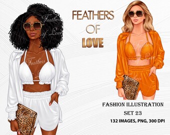 Clipart de garota de verão, clipart de garota de praia, clipart de garota de moda, ilustração de moda, clipart de Boss Babe, clipart afro-americano