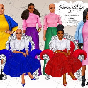 May include: Four women in colorful outfits are sitting on ornate chairs. The women are wearing yellow, pink, green, and red dresses. The chairs are white with gold accents. The image is titled "Feathers of Style Sisterhood Vol III Clip Art".