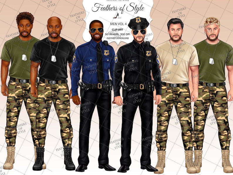 Op de afbeelding: Digitale illustratie met zes mannen in verschillende outfits. De afbeelding toont mannen in camouflagebroeken, olijfgroene en zwarte t-shirts en politie-uniformen. De tekst "MEN VOL 4" en "CLIP ART" is zichtbaar.
