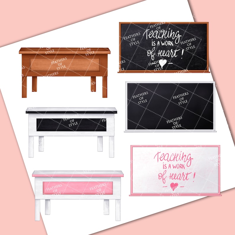 Peut inclure: Trois styles diff&eacute;rents de bureaux en bois avec un insert en tableau noir. Le tableau noir porte l'inscription "Teaching is a work of heart!" &eacute;crite en rose et blanc.