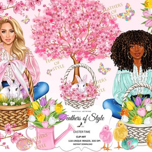 May include: Two women, one with blonde hair and one with curly black hair, are holding baskets filled with Easter eggs, flowers, and a bunny. The baskets are decorated with pink and white ribbons. The background is a pink and white floral pattern with a pink cherry blossom tree.