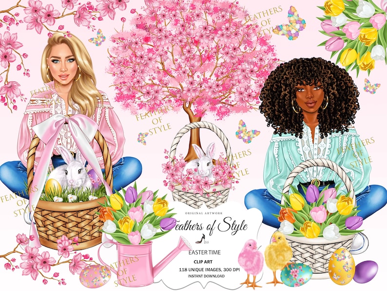 May include: Two women, one with blonde hair and one with curly black hair, are holding baskets filled with Easter eggs, flowers, and a bunny. The baskets are decorated with pink and white ribbons. The background is a pink and white floral pattern with a pink cherry blossom tree.