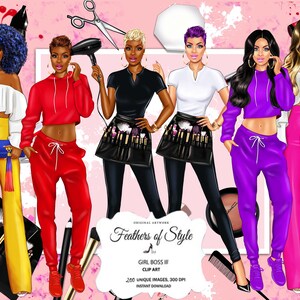 May include: Five digital illustrations of women with different hairstyles and outfits. Each woman is wearing a different colored outfit, including red, yellow, purple, pink, and black. The women are all wearing makeup and have different hairstyles. The illustrations are set against a pink background with white paint splatters.