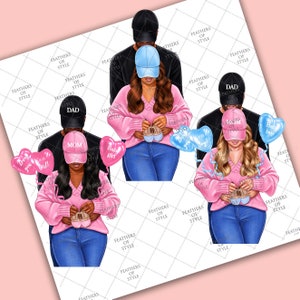 May include: Digital illustration featuring couples, each holding baby shoes, with heart-shaped balloons. The couples wear hats with the words "DAD" and "MOM". The balloons say "Baby girl", "Baby boy", and "Love you, girl!"