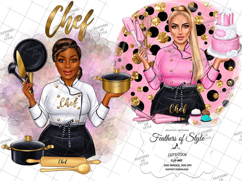 May include: Two illustrations of chefs, one with black skin and one with white skin, both wearing chef hats and aprons. The chef with black skin is holding a pot and a pan, while the chef with white skin is holding a whisk and a cake. The background is pink with black polka dots and gold glitter.