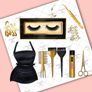 May include: A set of hair styling tools and accessories with a gold and black color scheme. The set includes a pair of scissors, a comb, a hair brush, a hair spray bottle, and a pair of false eyelashes. The text "Girl Boss" and "Love is in the Hair" are also included in the image.