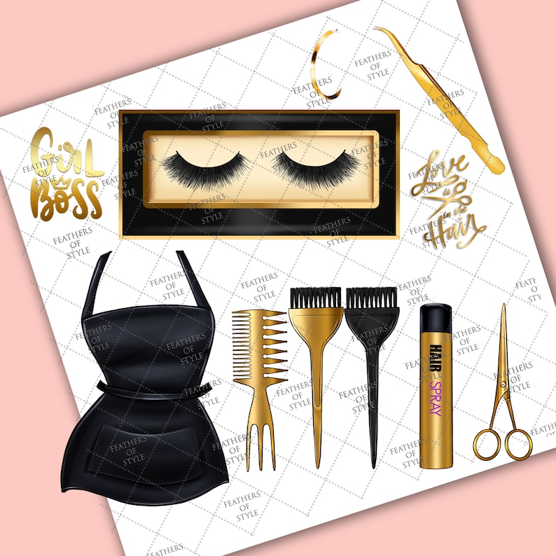 May include: A set of hair styling tools and accessories with a gold and black color scheme. The set includes a pair of scissors, a comb, a hair brush, a hair spray bottle, and a pair of false eyelashes. The text "Girl Boss" and "Love is in the Hair" are also included in the image.