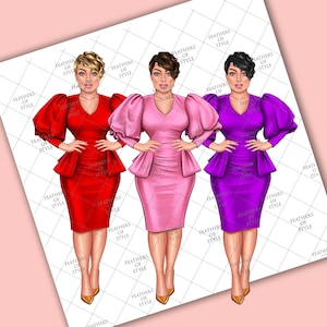 May include: Three women wearing different colored dresses with puffed sleeves. The dresses are red, pink, and purple. The women are standing in a row and smiling.