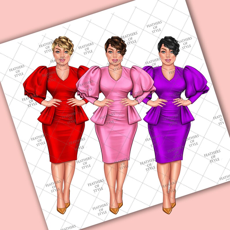 May include: Three women wearing different colored dresses with puffed sleeves. The dresses are red, pink, and purple. The women are standing in a row and smiling.