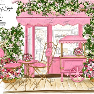 Shop scene, Spring illustration, Spring scene, Flower clipart