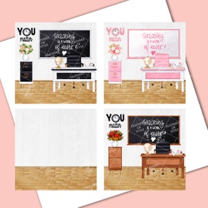 Peut inclure: Quatre images num&eacute;riques imprimables pour les enseignants. Chaque image pr&eacute;sente un bureau de classe avec un tableau noir, une horloge, un vase de fleurs et un globe terrestre. Le tableau noir indique "Enseigner est un travail de c&oelig;ur !" et "Vous comptez".