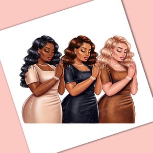 May include: Three women with different skin tones and hairstyles are standing side by side, each wearing a different colored dress. They are all praying with their hands clasped together. The woman on the left is wearing a beige dress, the woman in the middle is wearing a black dress, and the woman on the right is wearing a brown dress.