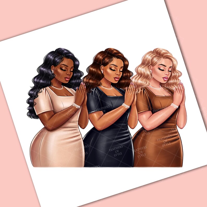 May include: Three women with different skin tones and hairstyles are standing side by side, each wearing a different colored dress. They are all praying with their hands clasped together. The woman on the left is wearing a beige dress, the woman in the middle is wearing a black dress, and the woman on the right is wearing a brown dress.
