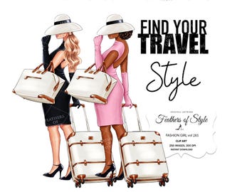Clipart di viaggio, clipart di ragazza in viaggio, clipart di ragazza in vacanza, clipart di vacanza, clipart di valigia, clipart afroamericana, clipart di bagaglio