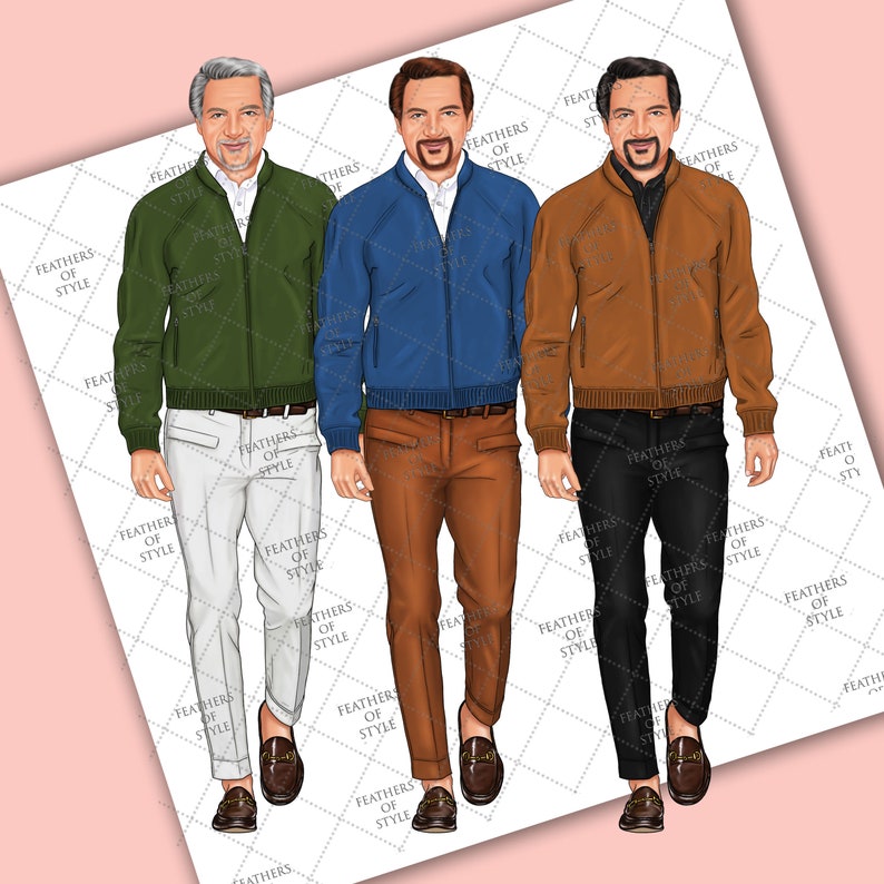 May include: Three men wearing different colored bomber jackets and pants. The jackets are green, blue, and brown. The pants are white, brown, and black. All three men are wearing brown loafers.