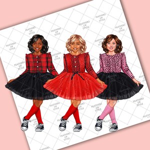 May include: Three girls wearing red, pink, and black dresses with black tulle skirts. They are wearing red, pink, and black socks and black sneakers. The girls are standing on a white background with a repeating pattern of the words "Feathers of Style".