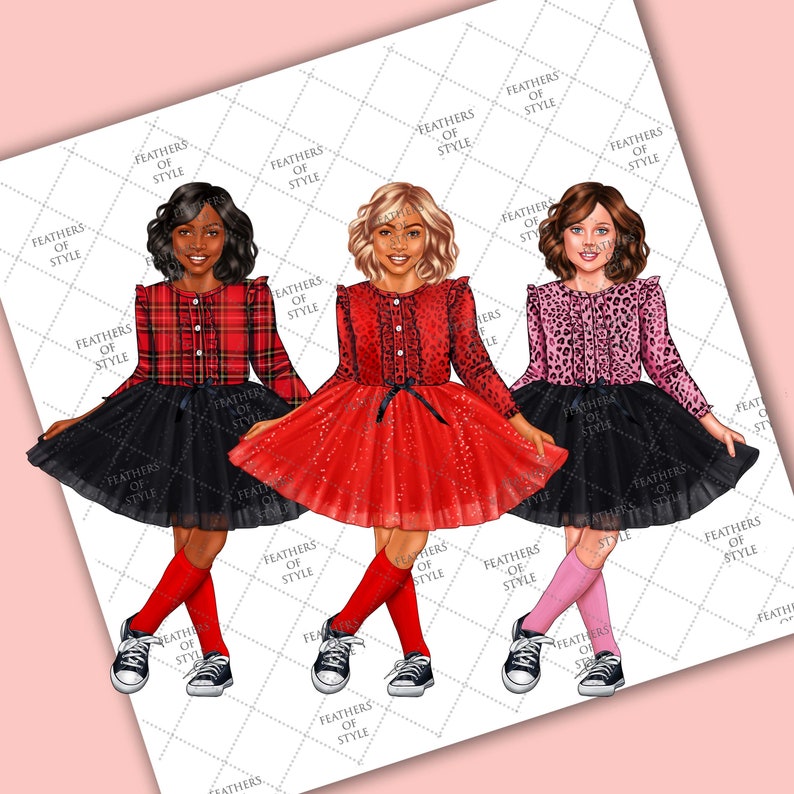 May include: Three girls wearing red, pink, and black dresses with black tulle skirts. They are wearing red, pink, and black socks and black sneakers. The girls are standing on a white background with a repeating pattern of the words "Feathers of Style".
