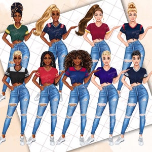 May include: Ten digital illustrations of women wearing ripped jeans and different colored football jerseys with the text "FEATHERS OF STYLE" on them.
