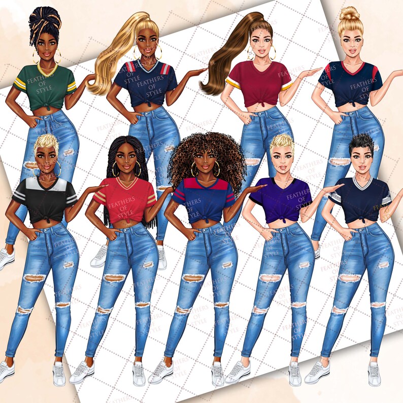 May include: Ten digital illustrations of women wearing ripped jeans and different colored football jerseys with the text "FEATHERS OF STYLE" on them.