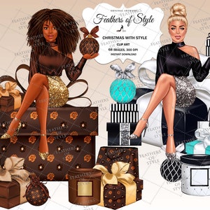 May include: Two women in festive attire sit atop stacks of wrapped gifts. One woman wears a brown dress and gold skirt, while the other wears a black dress and silver skirt. Both women are holding Christmas ornaments. The image is titled "Feathers of Style Christmas with Style Clip Art".