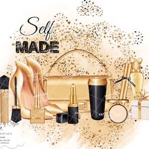 Op de afbeelding: Gouden en zwarte grafische vormgeving met de tekst "Self Made" met een gouden handtas, hoge hakken, lippenstift, make-up en een gouden glitterachtergrond.
