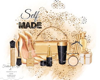 Fashion accessories clipart, Fashion clipart, Fashion set clipart, Fashion Illustration, Bag clipart, Shoe clipart, Gold fashion set