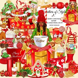 May include: A digital illustration of a Christmas scene with a woman holding a coffee mug. The scene includes a variety of Christmas decorations, including presents, candy canes, ornaments, and a gingerbread house. The text "Fathers of Style" and "Merry Christmas Clip Art" is visible in the image.