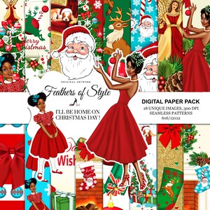 May include: A digital paper pack with 18 unique images and seamless patterns. The images feature a variety of Christmas themes, including Santa Claus, reindeer, angels, and women in red dresses. The text "I'll be home on Christmas Day!" is featured in the center of the image.