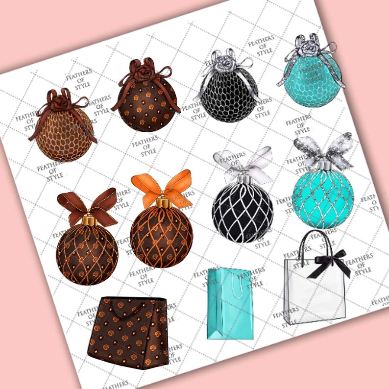 May include: A set of 10 digital clipart images featuring Christmas ornaments and gift bags. The ornaments are decorated with a variety of patterns, including polka dots, stripes, and geometric designs. The gift bags are in brown, white, and turquoise.